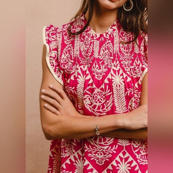 **BiBi Printed Ruffle Sleeve Top Pink and White Batik Print Women's Top - Picture 6 of 15